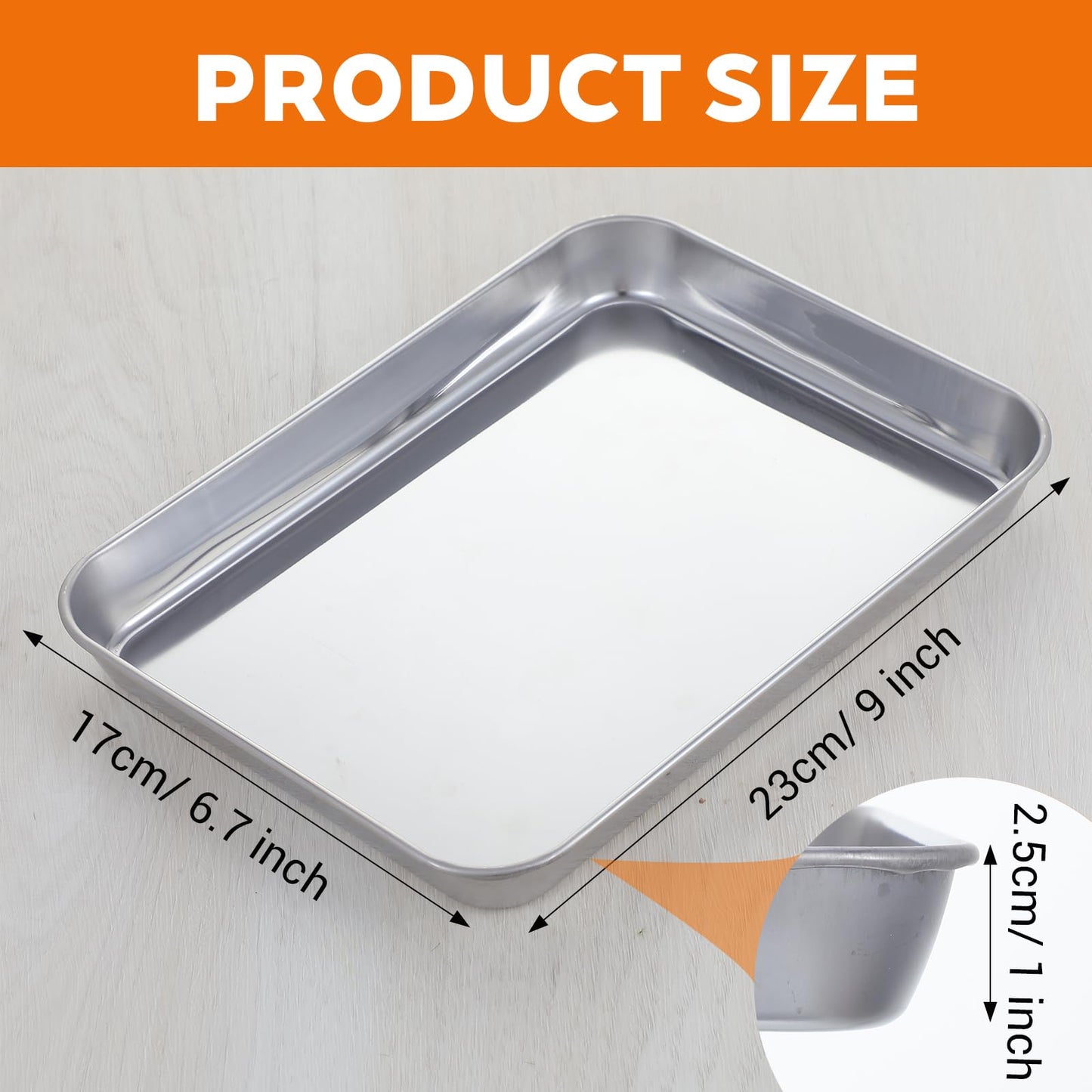 Afcabakila 6Pcs Stainless Steel Baking Sheet Pan Set, 9”x6.7” Small Cookie Oven Trays Cooking Bakery Cake Bun Pan Easy Clean Warp Resistant & Heavy Duty for Toaster Oven, Nonstick, Dishwasher Safe