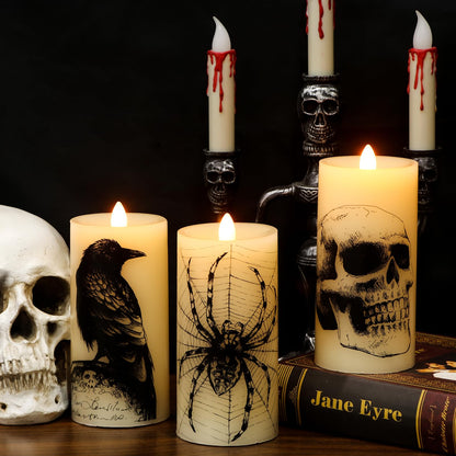 Eldnacele Halloween Flickering Candles with Skull, Spider Web, Crow, Raven Decals, Set of 3 Flat Wick Battery Operated Halloween Themed LED Candles with Remote Timer Spooky Decor