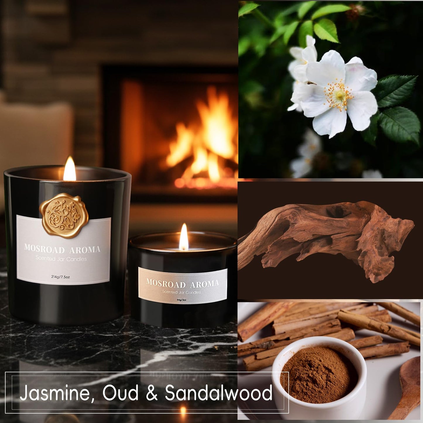 2-Pack Jasmine, Oud & Sandalwood Scented Candles Set for Men, Luxury Aromatherapy Jar Candle for Home Scented, Natural Soy Fragrance Black Jar Candles, Gift for Men, Father, Husband