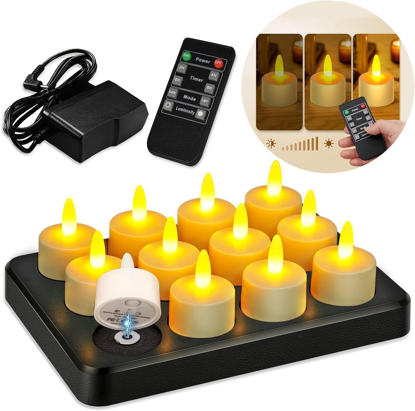 Rechargeable Tea Lights Candles with Remote, 100h Working Flameless Candle Led Timer Flickering Waterproof Tea Lights for Weddings Decoration, Home Dinner, Yellow, 12pack