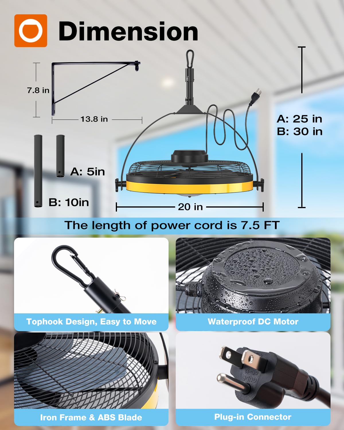 addlon 20" Outdoor Ceiling Fan with Light for Patios, IP65 Waterproof Gazebo Fan with Remote&APP Control,360° Adjustable Tilt,6 Speeds,3CCT Dimmable, Wall Mount Ceiling Fan with Hook Hanging for Porch