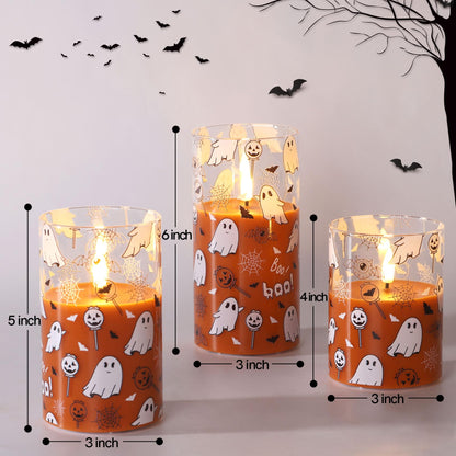 Girimax Orange Halloween Flameless Pillar Candles with Remote, Glass Flickering LED Wax Candles Battery Powered Set of 3