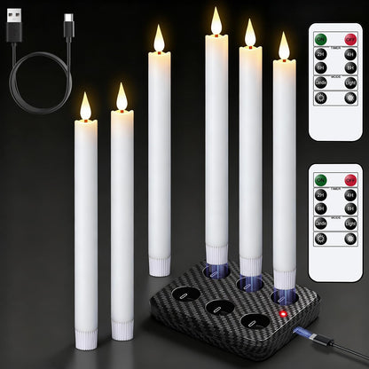 GenSwin Rechargeable Flameless Taper Candles with Charging Base, 6 Pack White LED Taper Candles Battery Operated with 2 Remote Timer, Real Wax Flameless Candlesticks for Holiday Christmas Home Decor