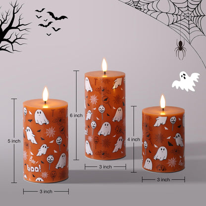 Girimax Burnt Orange Halloween Flameless Pillar Candles with Remote, Ghost LED Wax Candles Battery Operated Set of 3