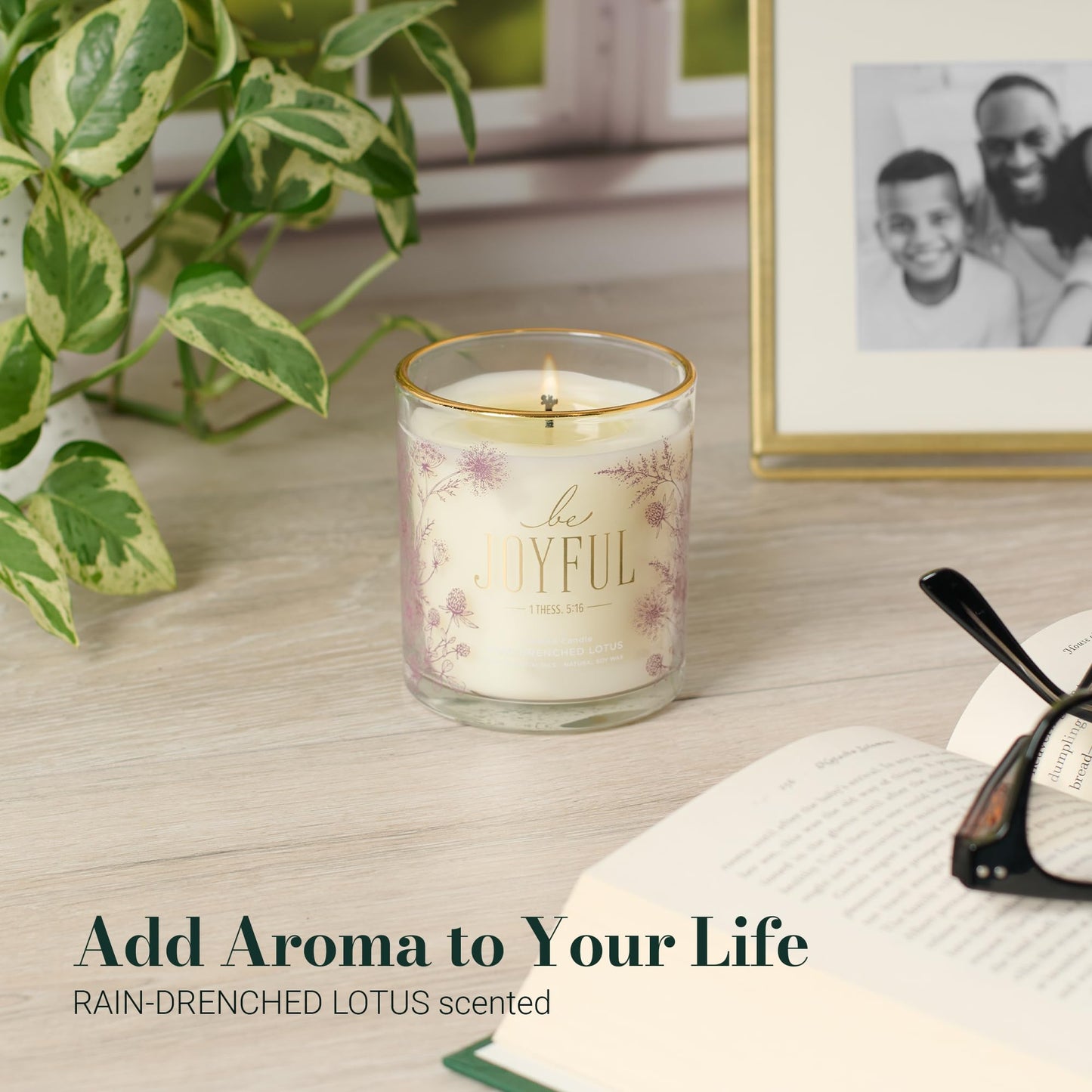 Christian Art Gifts Be Joyful Scented Candle: Soy Wax, Pure Essential Oils, Rain Drenched Lotus Scent, Bible Verse, Floral Design Glass Jar, Encouragement Gift for Women, 40 Hours Burn Time