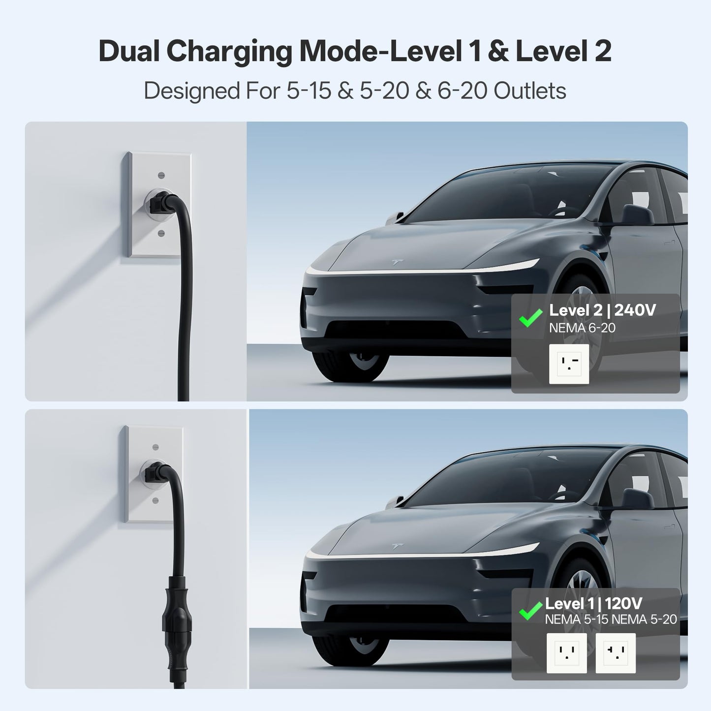 AIXINE Level 1&2 EV Charger,Tesla EV Charger NACS 16A with 25FT Extension Cord Cable,Portable Electric Car Charger 240V NEMA 6-20 Plug&120V NEMA 5-15 Adapter Compatible with All Tesla Models
