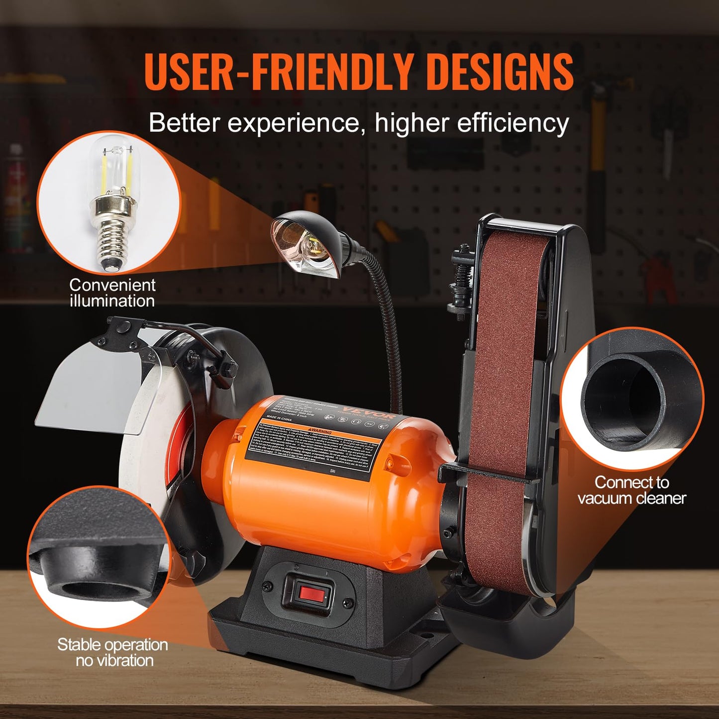 VEVOR 8 Inch Bench Grinder, Bench Grinder Sander with 2 x28 Inch Belt Sander Combo and 2.5A Induction Motor for Metalworking Sharpening Grinding