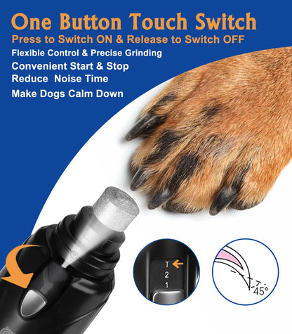 Petsaunter Dog Nail Grinder, 3 Grinding Heads, 2-Speed, LED Light, Touch-Switch, Quiet, Low-Vibration, Dog Nail Trimmers for Large, Medium, Small Dogs & Cats with Hard/Thick Nails (U-Dark Blue)