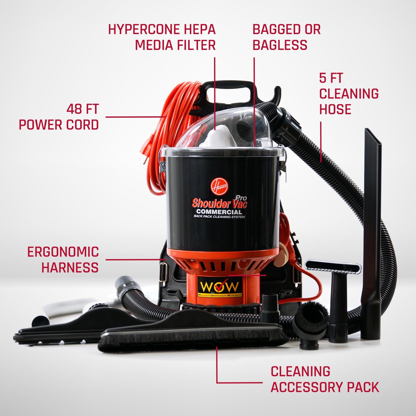 Hoover Commercial Shoulder Vac Pro Bagged Backpack Vacuum Cleaner, Lightweight, Chiropractic Design, HEPA Media Filtration, Corded Vacuum Cleaners for Commercial Use on Carpet and Hard Floors