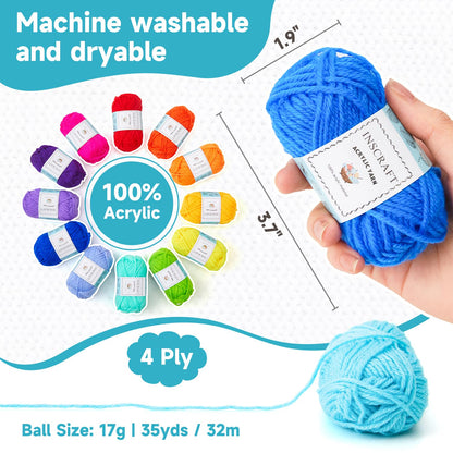 Inscraft 52 Acrylic Yarn Skeins, 1820 Yards 52 Colors, 2 Crochet Hooks, 2 Weaving Needles, 10 Stitch Markers, 1 Bag, for Crocheting & Knitting, Gift Beginners and Adults