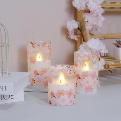 Mavandes Flameless Flickering Glass Candles with Remote and Timer,Cherry Blossoms LED Battery Operated Real Wax Set of 3 Realistic Wick Electric Pillar Candles,Warm Fire(3 x 4, 5, 6 Inches)