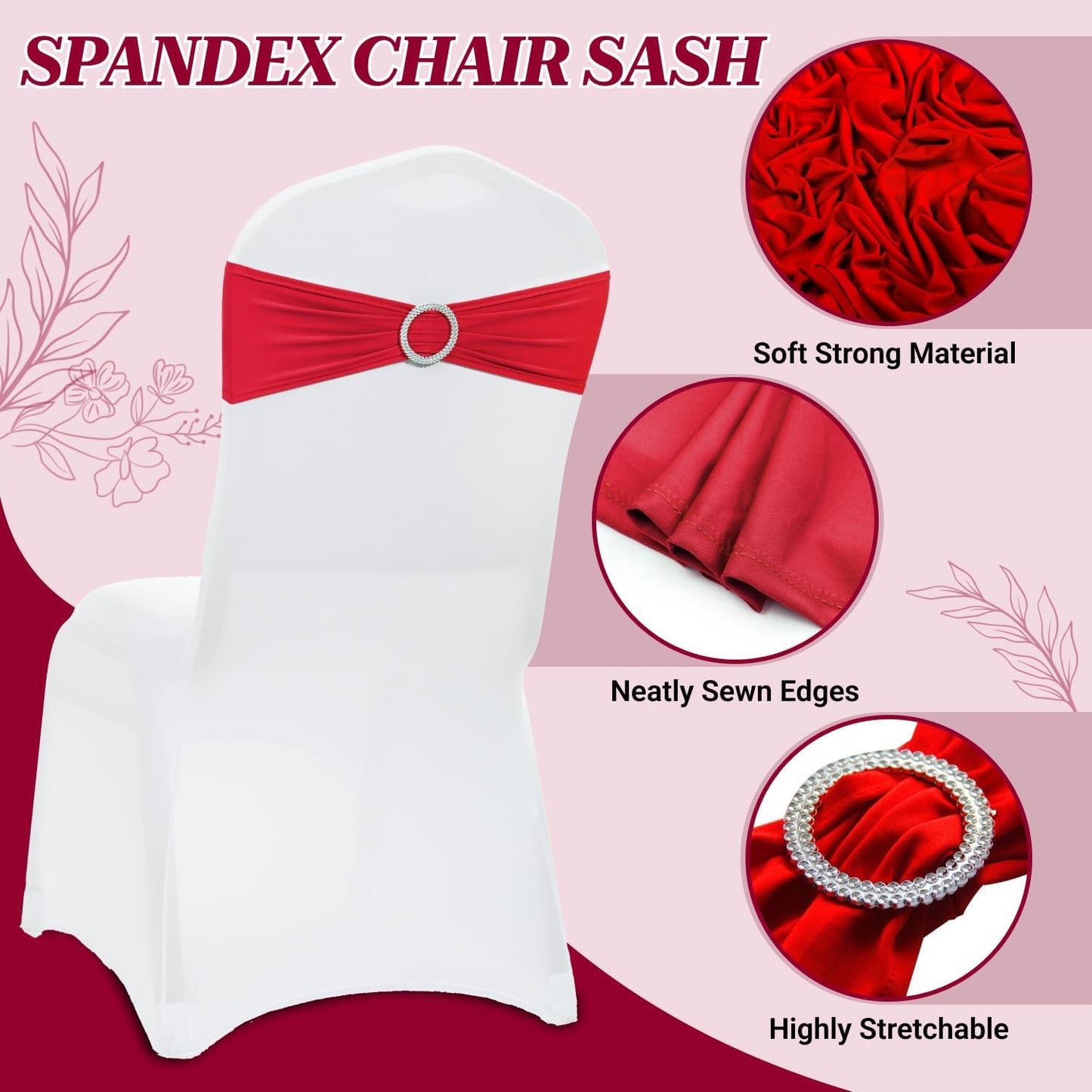 MDS Premium Stretch Spandex Chair Sashes - Pack of 100 Universal Elastic Covers for Weddings & Events | Red