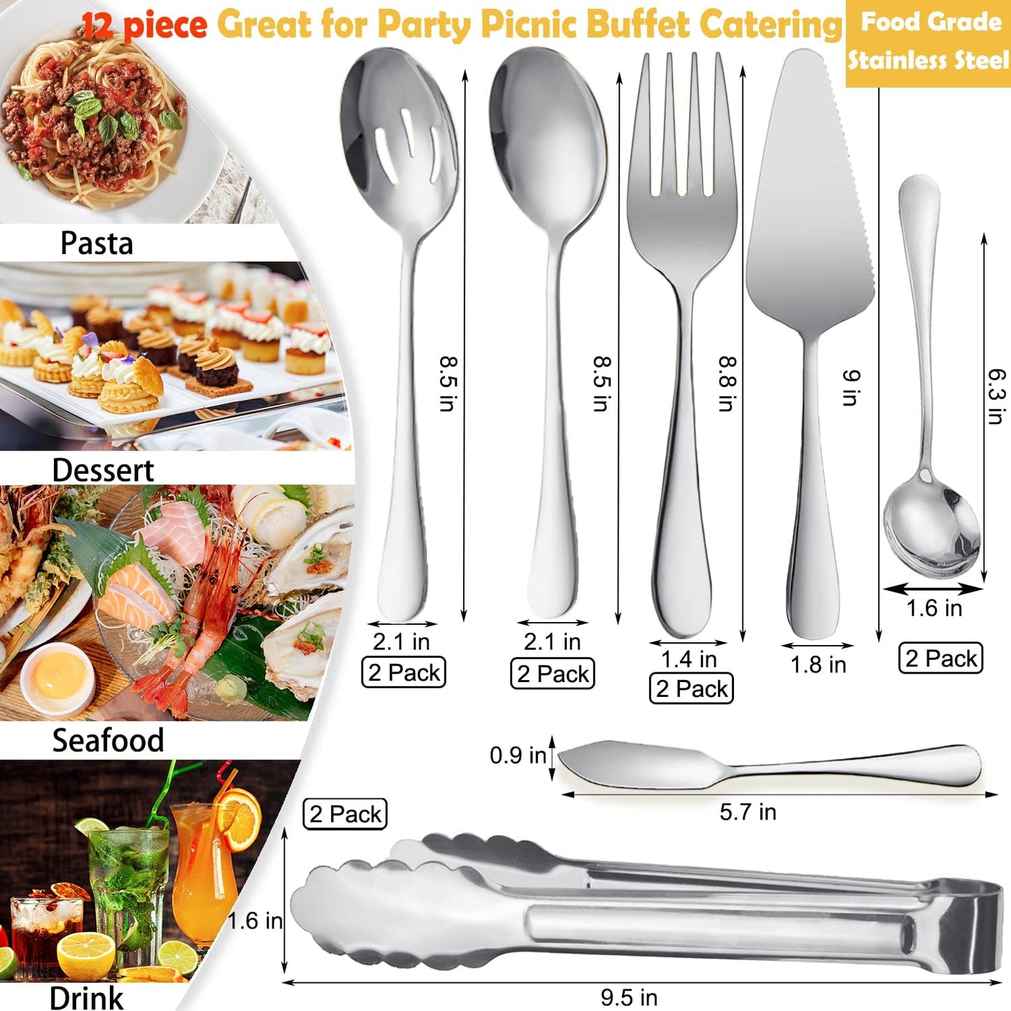 IAXSEE 12Pcs Silver Serving Utensils Stainless Steel Serving Spoon,Slotted Spoons Serving Forks,Serving Tongs Cake Server Dessert Spoon Serving Flatware Set Great for Parties Buffet Party