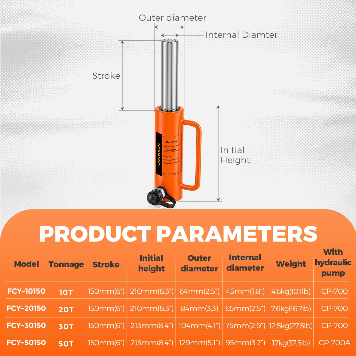 Bonvoisin Hydraulic Ram Cylinder 10T Hydraulic Jack Porta Power 6" Stroke Long Ram Single Acting Lifting Cylinders for Machinery Shipbuilding