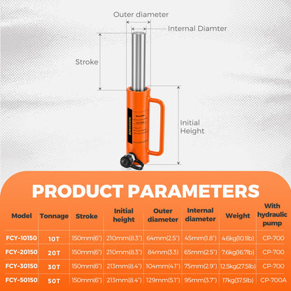 Bonvoisin Hydraulic Ram Cylinder 10T Hydraulic Jack Porta Power 6" Stroke Long Ram Single Acting Lifting Cylinders for Machinery Shipbuilding