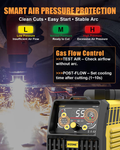 HIZONE 55A Plasma Cutter Machine, High Frequency Non-Touch Pilot Arc Plasma Cutting Equipment with LCD Display, 120/240V Cutting Machine, 2T/4T Function, Post Flow, 3/4" Max Cut, Ideal for Beginners
