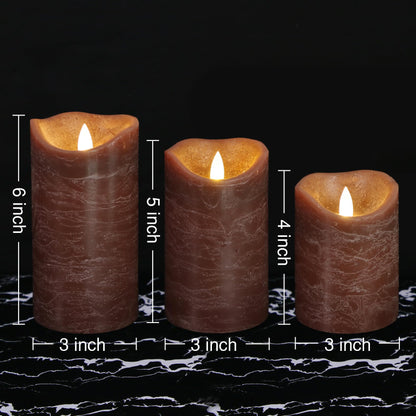 7LinRay Brown Flameless Candles with Remote, Real Wax Battery Operated LED Candles, Flickering Flameless Pillar Candles for Wedding, Festival, Set of 3