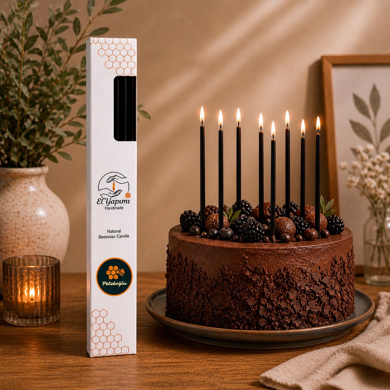 Petekoğlu 15-Pack Beeswax Wish Candles – Handcrafted, Drip-Free, Smoke-Free Slim Taper Candles for Rituals, Meditation, Birthday & Home Décor – Natural Honey Scent 7.87” x 0.24” (Black)