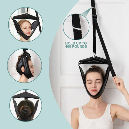 soulern Neck Stretcher Cervical Traction Device for Home Use - Over The Door Cervical Neck Traction Device for Decompression Home Physical Therapy, Portable Neck Traction Device for Neck Pain (Black)