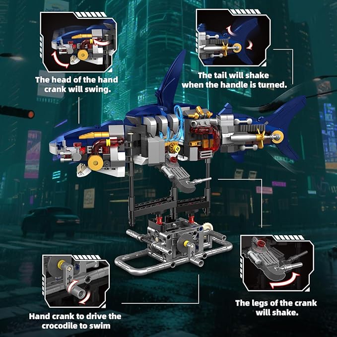 Mechanical Shark Building Set with Lights Rotatable Link Components &amp Display Stand STEM Building Set for Boys 8-14 Home Office Decor for Adults Mechanical Enthusiasts（631PCS）