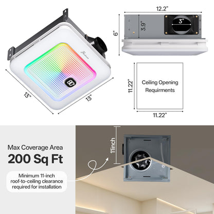Hawkrown Bathroom Exhaust Fan with Bluetooth Speaker, 230 CFM 1.0 Sone Bathroom Exhaust Fan with Light, 3 Dynamic Light, 7 LED Color, 3 Color Temperatures, Nightlight,Remote, Easy Install (White)