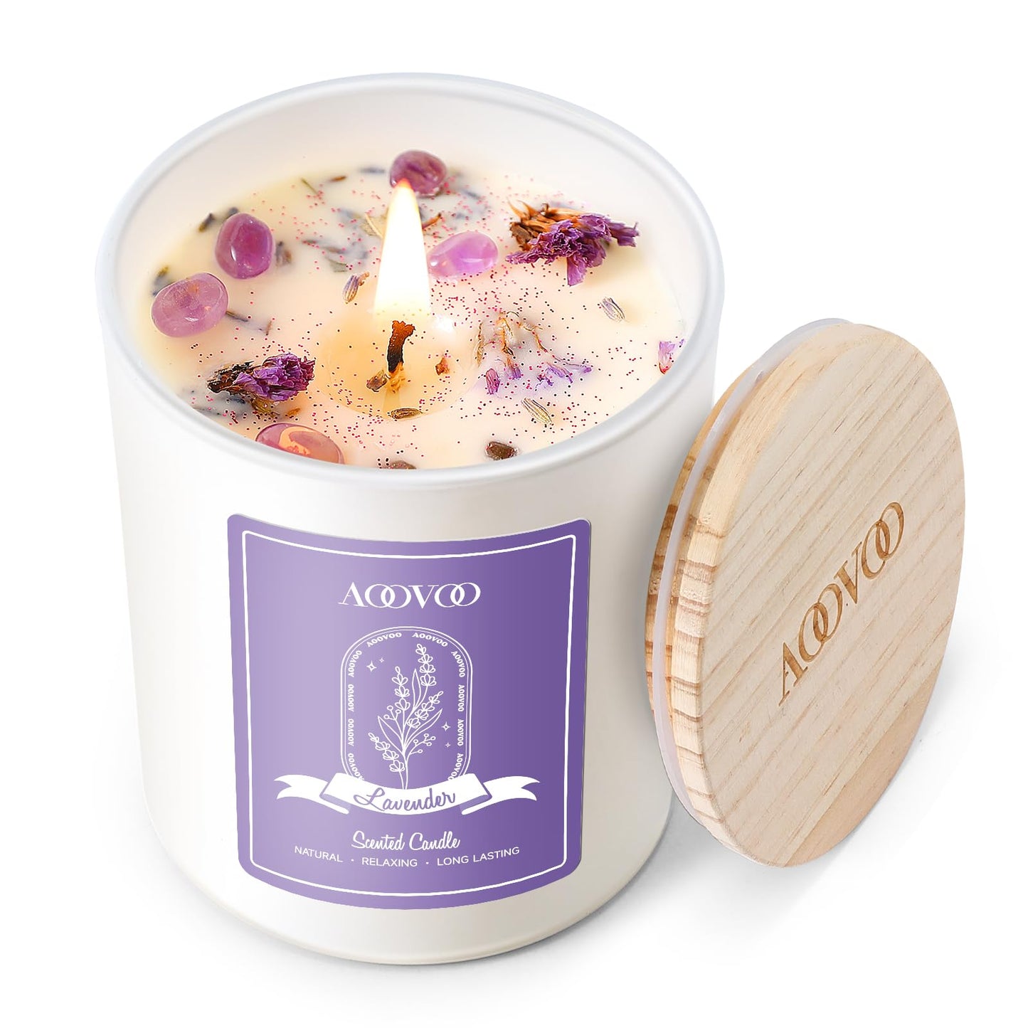 AOOVOO Lavender Scented Candles for Women - Aromatherapy Candle with Crystals Inside, 7oz Soy Candles for Home Scented, Birthday Gifts Mothers Day Candle for Women Mom