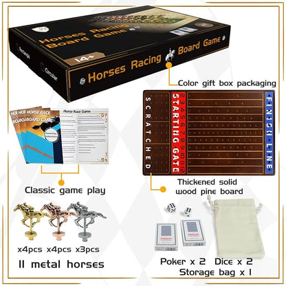 Metal Horse Race Board Game Racing Game Thickened Solid Wood with 11 Luxurious Durable Classic Metal Horses with 2 Dice and 2 Boxes of Cards Horse Racing Game (WalnutRectangle)