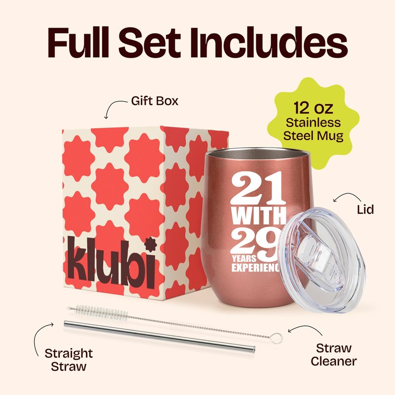 KLUBI 50th Birthday Gifts for Women Funny - 12 Ounce 21 with 29 years Experience Wine Glass 50th Birthday Gift for Her, 50 Year Old Gift, 1975 Birthday Gifts For Women Turning 50