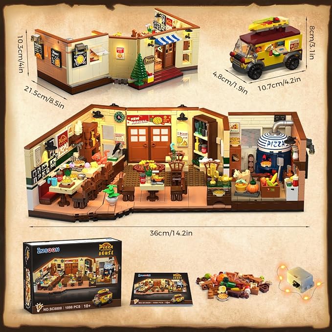 City Street Pizza Restaurant Building Set with Light 1098PCS Pizzeria House Architecture Model with Retro Pizza Van Home Decor Construction Building Block Gift for Adults Teens Boys Girls 10+