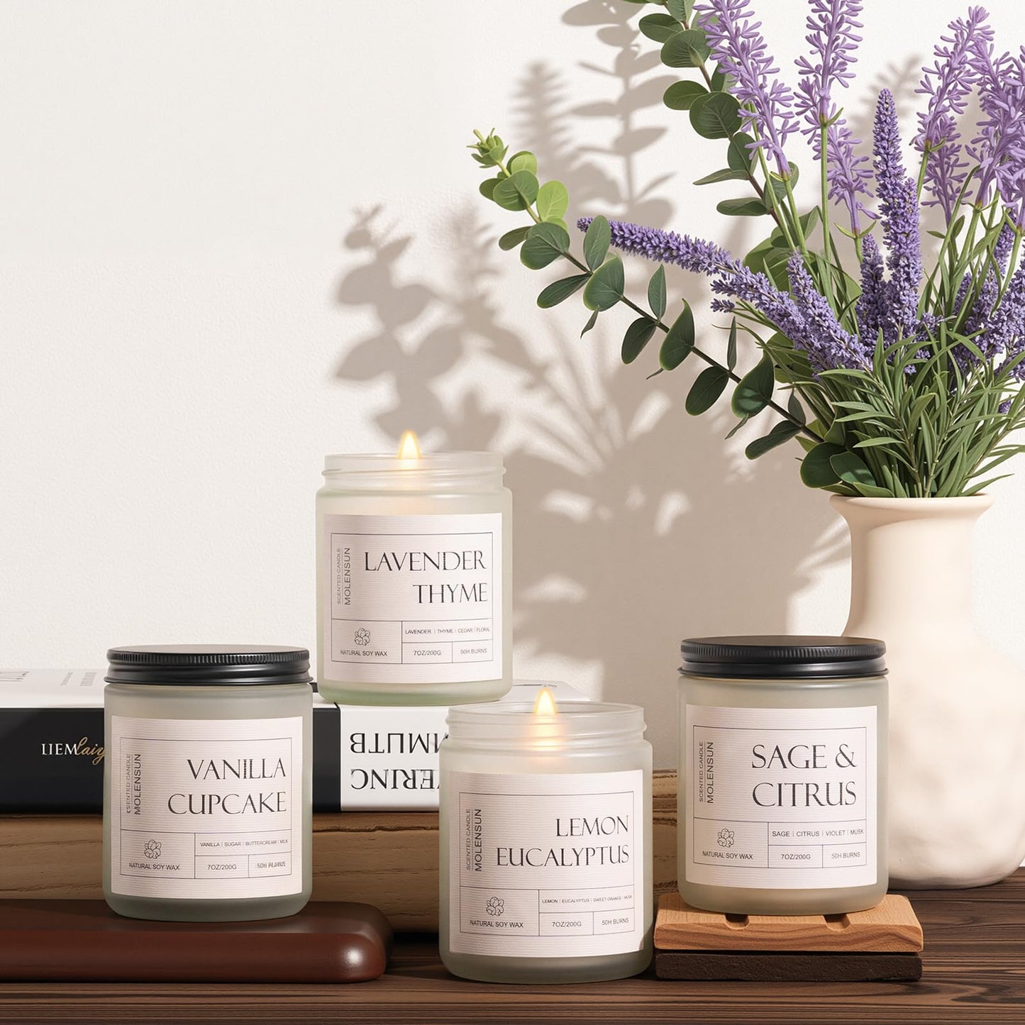 Molensun 4 Pack Candles for Home Scented, 28 oz Long Lasting Candles, Soy Candle Set Gift for Women - Lavender Thyme/Lemon Eucalyptus/Sage &Citrus/Vanilla Cupcake