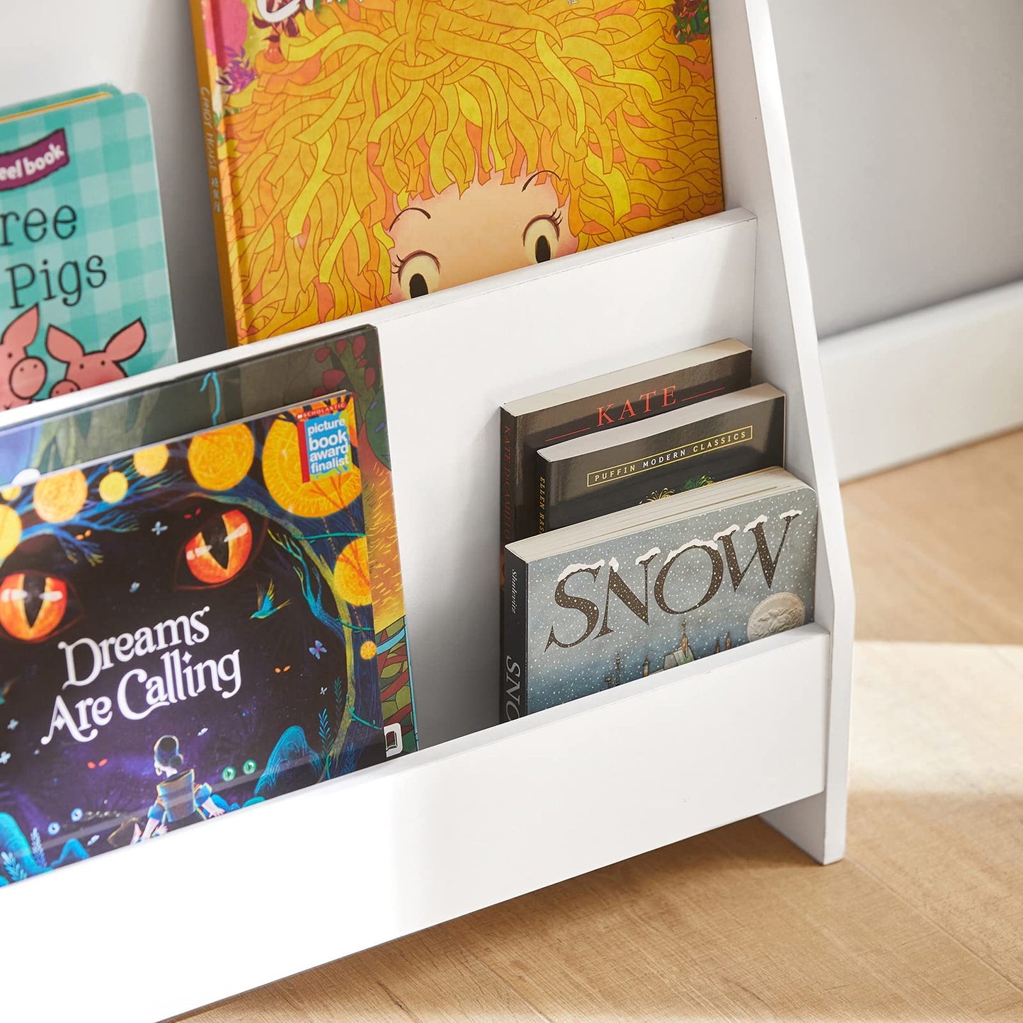 SoBuy Bookshelf for Kids, Montessori Bookshelf Toddler Bookcase 4-Tiers, Storage Display Rack Organizer Holder for Classrooms, Playrooms, and Nursery, White, KMB32-W