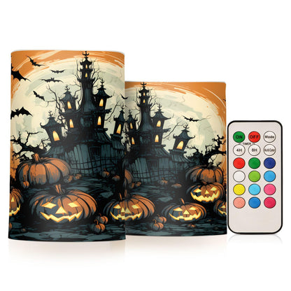 ALAZA Halloween Pumpkins Castle Bat4 Flickering Flameless Candles Battery Operated with Remote Timer,Tea Light Candles LED Pillar Votive Candles Set of 2 for Outdoor Indoor Decorations