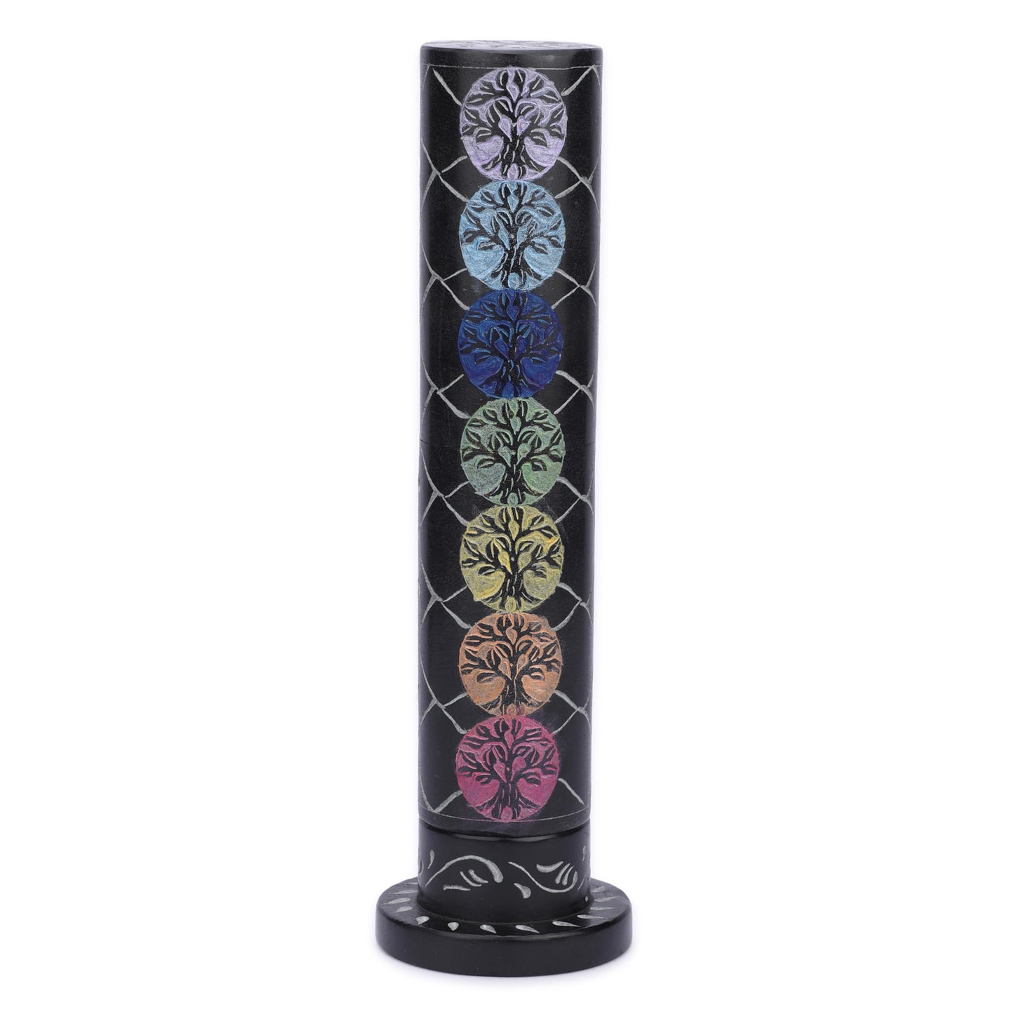 Ajuny Marble Incense Stick Tower Burner Tree of Life Carving Round Tealight Candle Stand Black Incense Stick Holder with Ash Catcher for Yoga Meditation Fragrance Home and Office Décor (10.5 Inch)