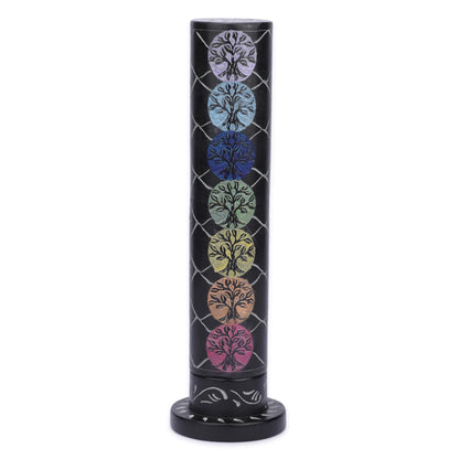Ajuny Marble Incense Stick Tower Burner Tree of Life Carving Round Tealight Candle Stand Black Incense Stick Holder with Ash Catcher for Yoga Meditation Fragrance Home and Office Décor (10.5 Inch)