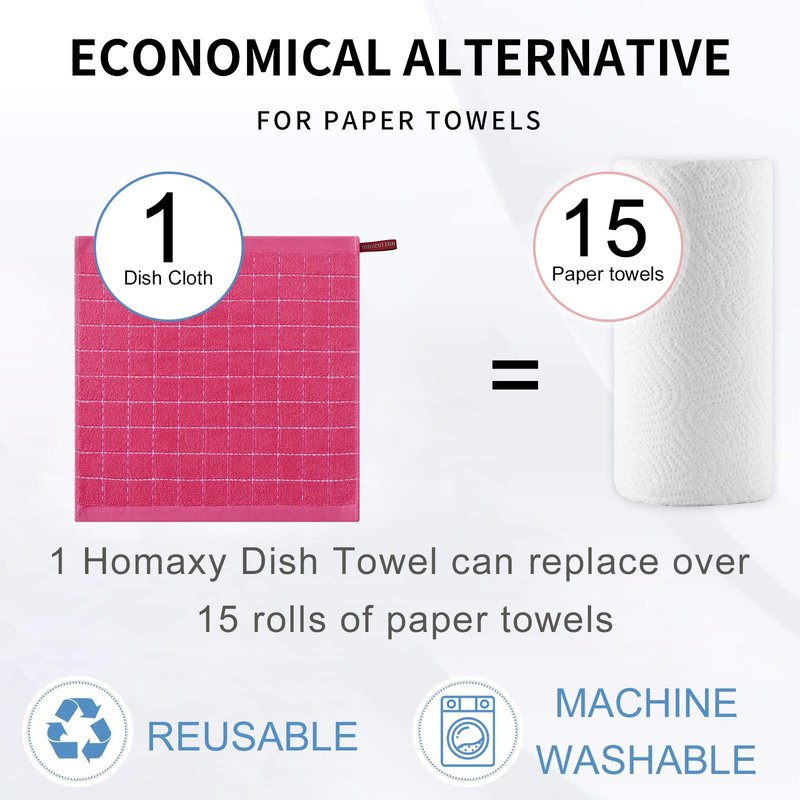 Homaxy 100% Cotton Terry Kitchen Dish Cloths, Ultra Soft and Absorbent Dish Towels for Kitchen, Suitable for Drying and Washing Dishes, 6 Pack, 12 x 12 Inches, Rose Red