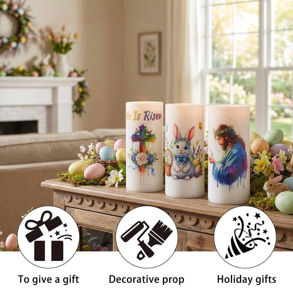 Aulaygo 3PCS Nativity Easter Flameless Candles with Remote Control,Christian Cross Bunny LED Candles for Spring Easter Home Decor