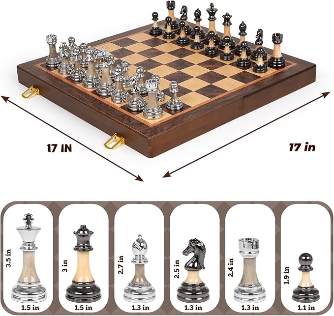 Luxury Large Chess Set 17 Inch Wooden Chess Board with Metal and Acrylic Chess Pieces 3.5 King 2 Extra Queens Foldable Tournament Chess Set for Adults and Kids Gift Display Chess Game Collection