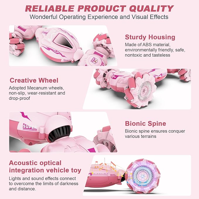 Pink RC Car Toys for Girls Aged 6-12 Gesture Sensing RC Stunt Cars with Lights Music for Girl Birthday Xmas Gifts 2.4GHz 4WD Pink Remote Control Toy Double-Side Flip 360° All-Round Rotation