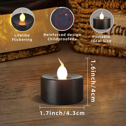 ODTRAM Black Tea Lights Candles Battery Operated: 12-Pack with Remote Control and Auto Timer, Realistic Flickering LED for Wedding, Halloween, Christmas & Home Decor
