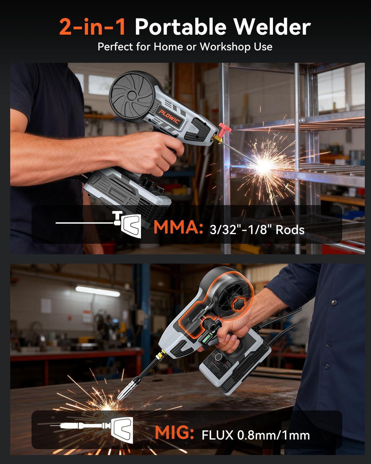 PLOWIC 2 in 1 MIG and Stick Welder: 250A Handheld Portable Welding Machine, 110V Gasless Flux Core Wire Feed Welder & MMA ARC Welder Gun, 3.97lb w/LCD Display, for .032"/.040" Wire and 3/32"-1/8" Rod