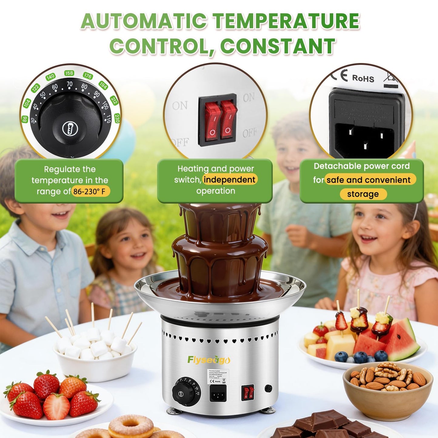 Flyseago Commercial Chocolate Fountain| 6 Tiers 19 lb Capacity| Large Hot Chocolate Fondue Tower| Stainless Steel Chocolate Melting Heating Machine for Nacho Cheese, Liqueurs, Party, Wedding