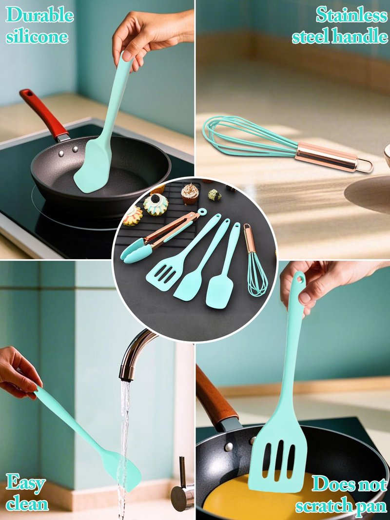 Kitchen Utensil Set,5 Pcs Mini Silicone Cooking Utensils Sets,Heat Resistant Non Stick Kitchens Gadgets BPA-Free Spatula Set,Kids Kitchen Tools Kitchen Set for Cooking