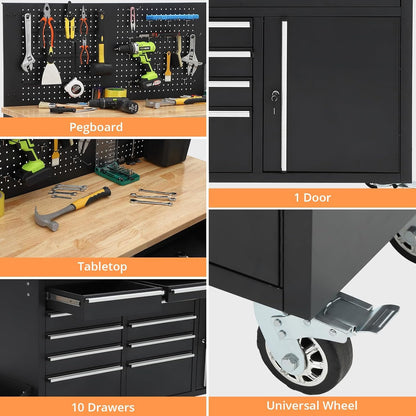 GarveeLife 61-Inch Rolling Tool Chest with 10 Drawers Garage Workbench, Solid Rubberwood Top, Storage Cabinet with Wheel Lock and Key Lock for Workshop, Garage, Kitchen and Home
