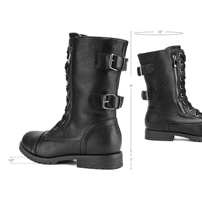 DREAM PAIRS Women's Combat Boots, Mid Calf Built-in Wallet Pocket Lace up Military Ankle Booties,Size 10,Classic Black,TERRAN