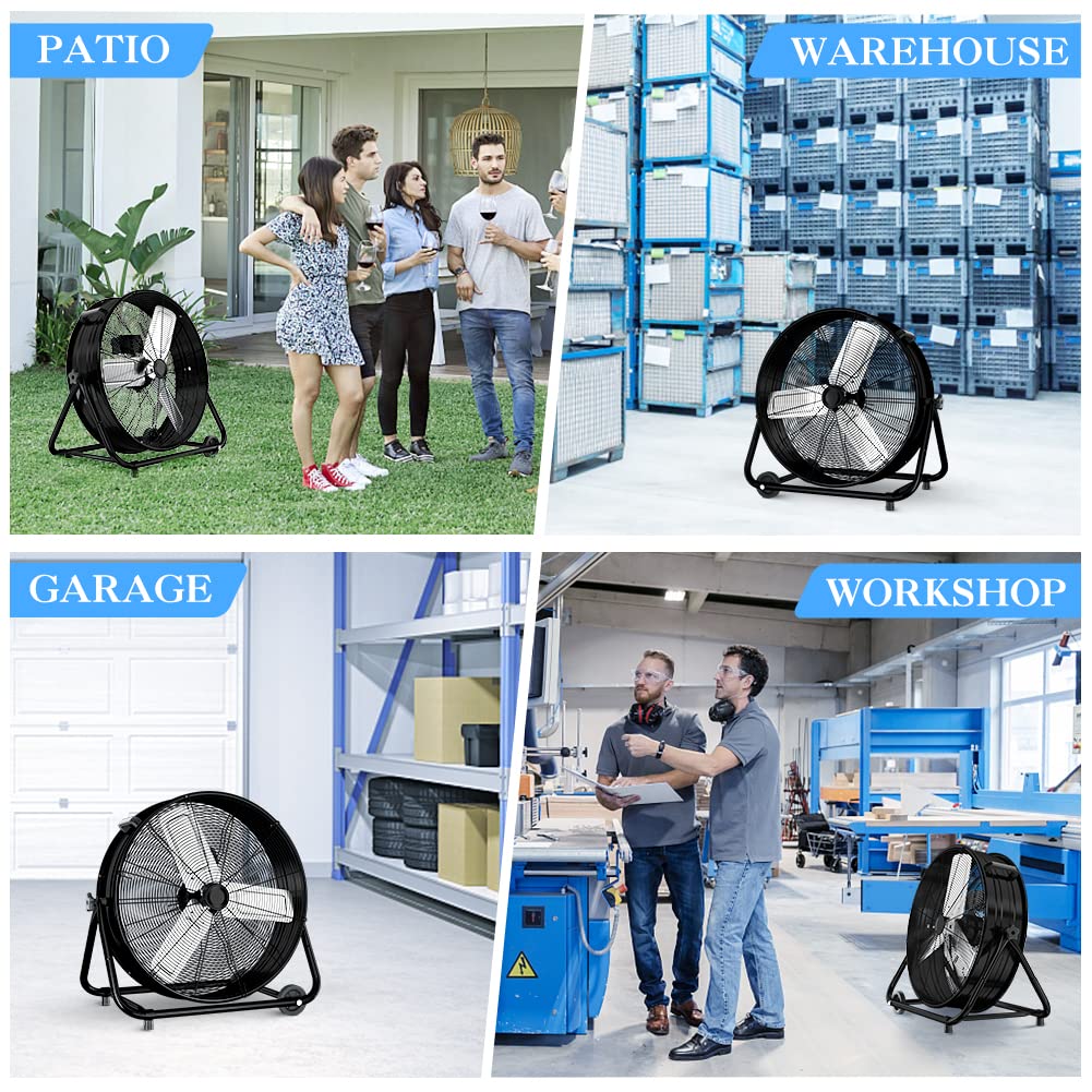 LifePlus 24 Inch Industrial Drum Fan High Velocity Floor Shop Fan 3 Speed, Heavy Duty Metal Air Circulator with Adjustable Tilt & Large Wheel for Warehouse, Garage, Factory, Patio, Barn, Black