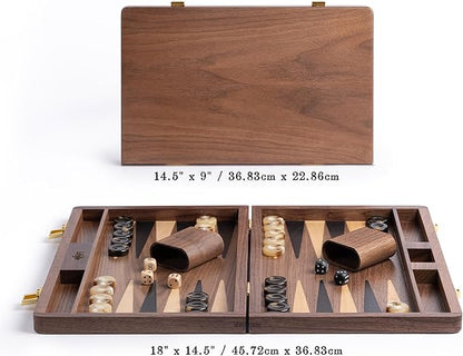 14.5” Premium Natural Walnut Folding Backgammon Sets for Adults and Kids Including 30 Artificial Horn Checkers 2 Walnut Dice Cups and 5 Wooden Dice/Classic Two-Player Strategy Board
