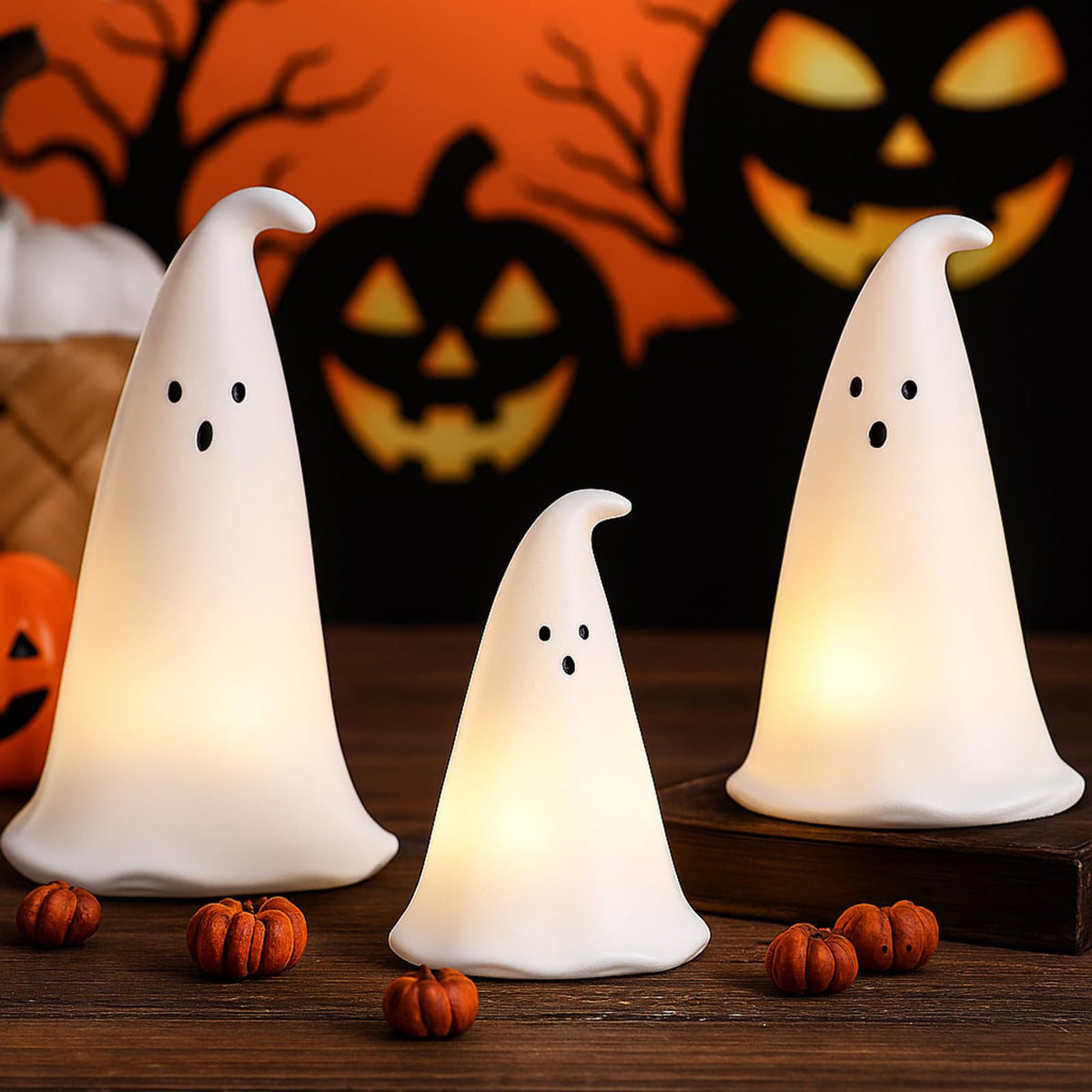 Colingmill Halloween Resin Ghost Figurine with 3 LED Tea Lights, Ghost Candle Holder Set of 3, Spooky Tabletop Indoor Halloween Light up Decor for Holiday Party, White Hollow Spooky Sculptures