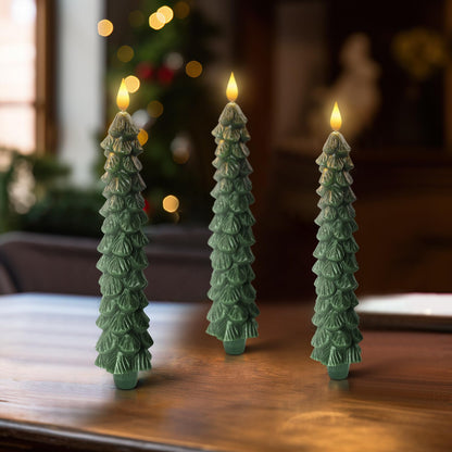 Homemory 3 Pcs Christmas Tree Candles with Remote, Waxy Flameless Taper Candles Flickering, Green LED Candlesticks Battery Operated for New Year Celebration Holiday Decorations 9.7 Inches