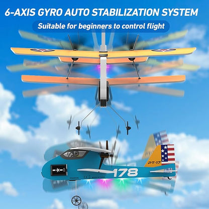 RC Plane 2.4Ghz Remote Control Airplane with 3 Batteries &amp 6-axis Gyro Stabilizer 2 Channel RTF PT-17 RC Toy Easy to Fly for Beginners Kids Boys Girls Adults (Yellow)