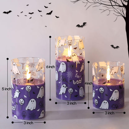 Girimax Purple Glass Flameless Pillar Candles with Remote, Halloween Flickering LED Wax Candles Battery Powered Set of 3